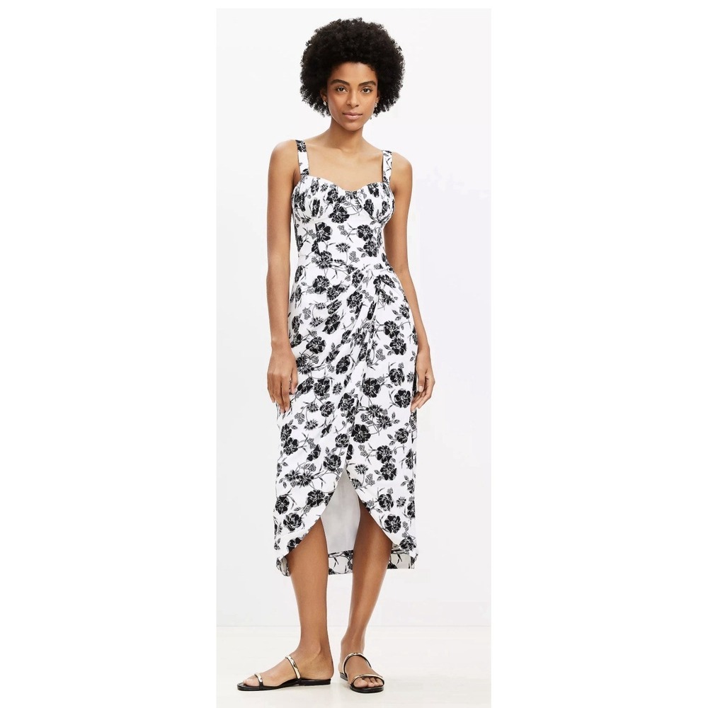 NWT LOFT Garden Pleated Bustier Midi Dress Black White Floral Linen Sz 12